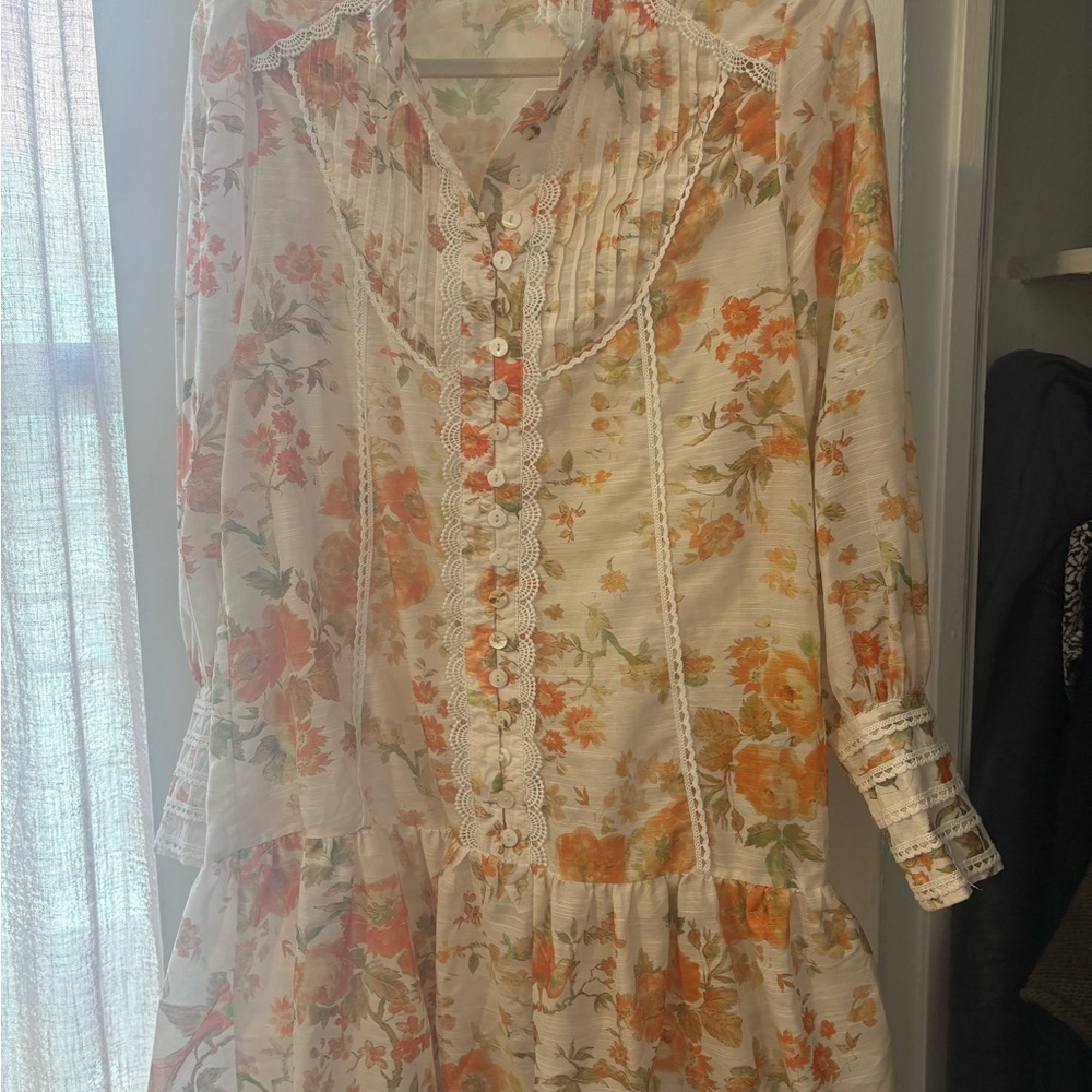 Bloomingdale's Cream Floral Mini Dress with Orange & Green Accents